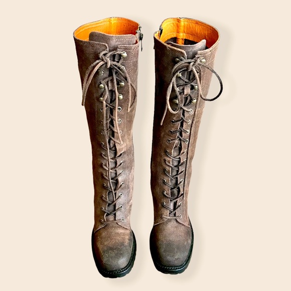 Frye Vintage Lace Up Knee-High Suede Brown Leather Block Heel Equestrian Boots - Picture 8 of 16